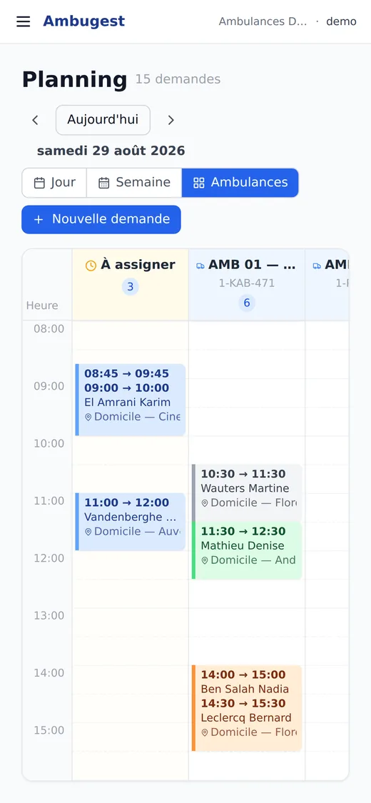 Ambugest op smartphone: planning van de ritten van de dag.
