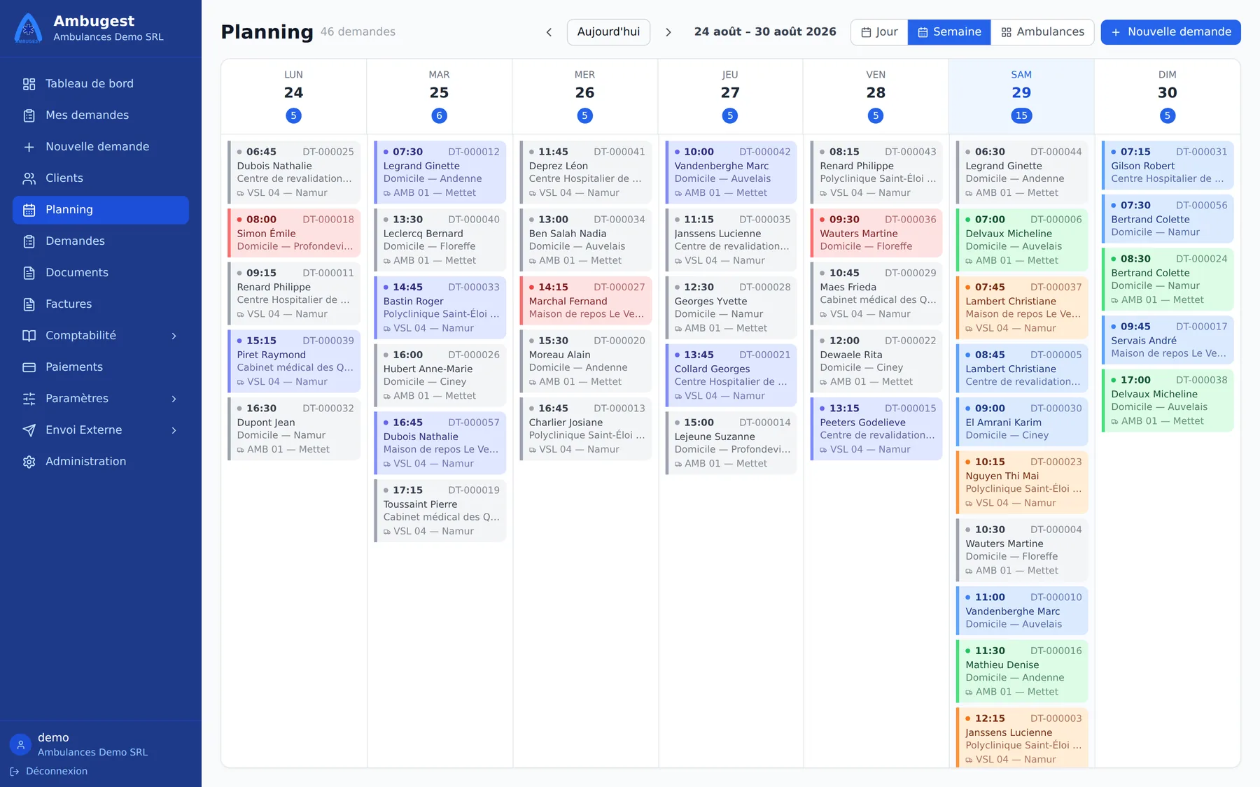 Weekplanning in Ambugest: de zeven dagen in kolommen, met het aantal ritten per dag.